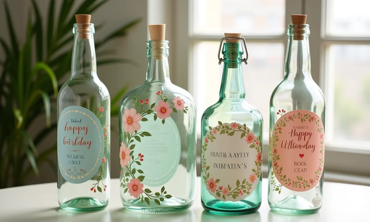 Garrafas com decoupage encantador para decoração de aniversário.