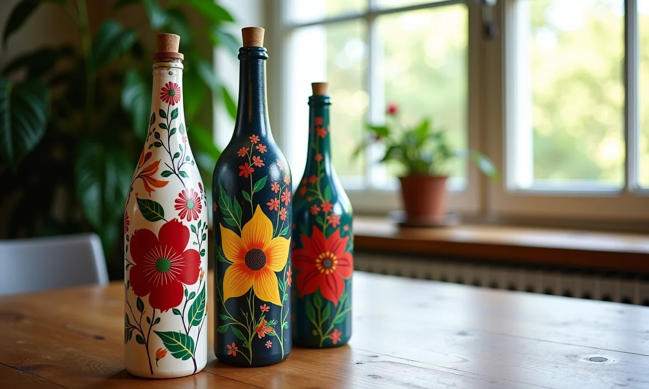 Garrafas com decoupage floral em mesa de jantar iluminada.