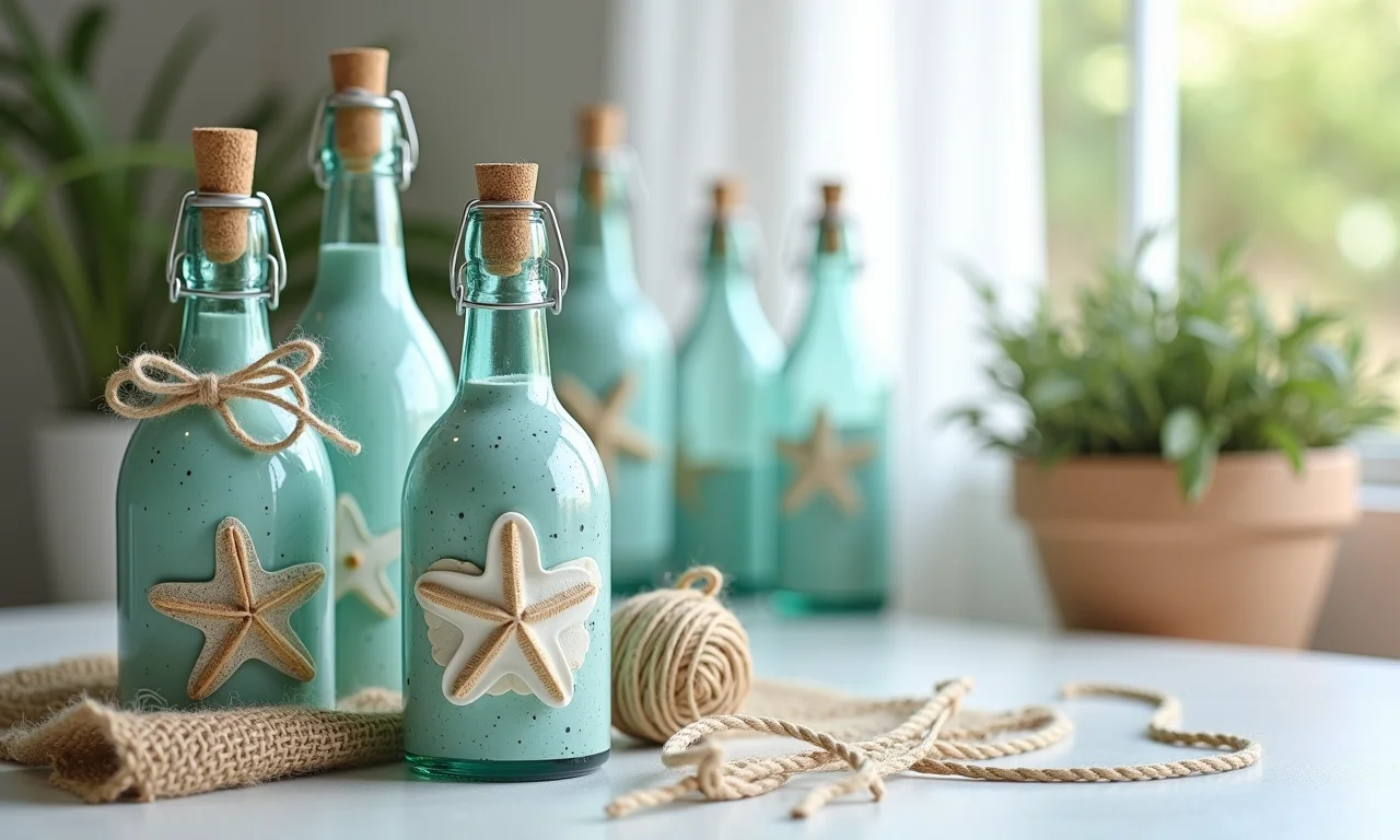 Garrafas com detalhes náuticos e barbante, tema litorâneo.