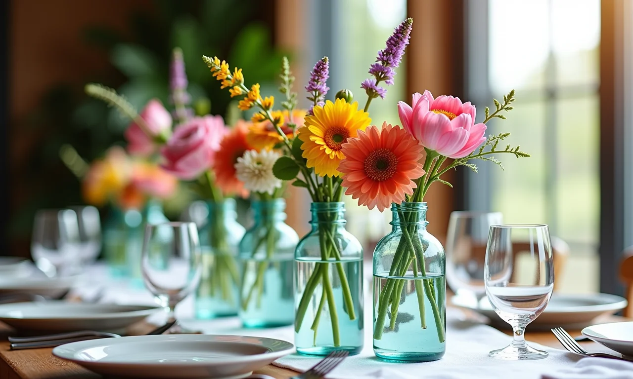 Garrafas com flores e folhagens naturais como centro de mesa.