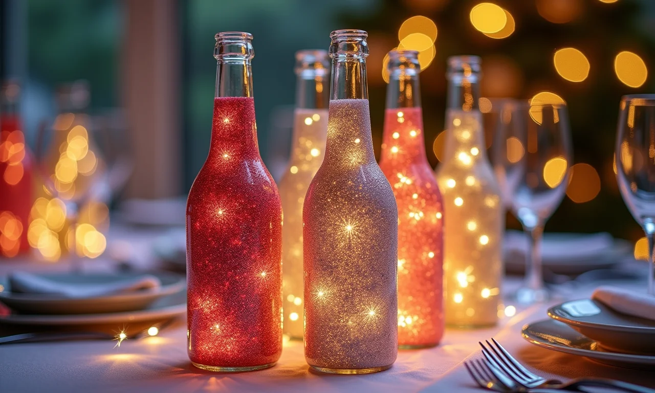 Garrafas com glitter e brilho festivo para centro de mesa.