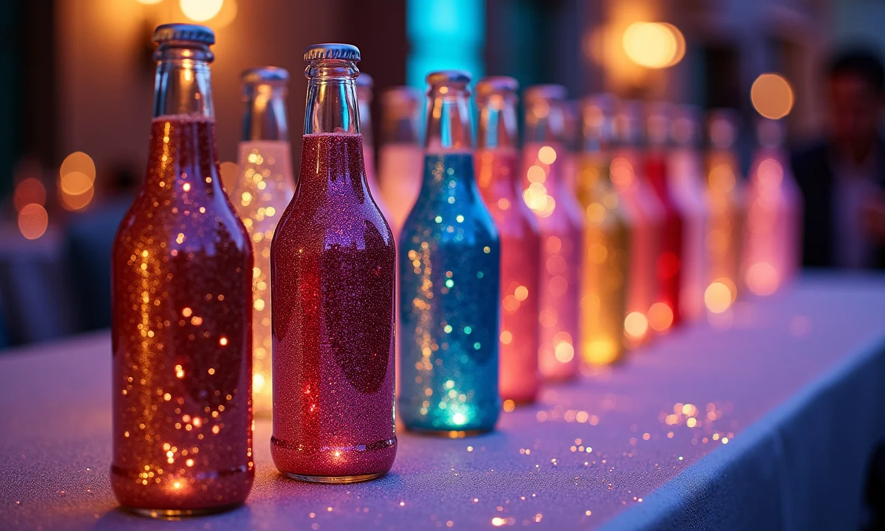Garrafas com glitter e efeitos metalizados em mesa de festa.