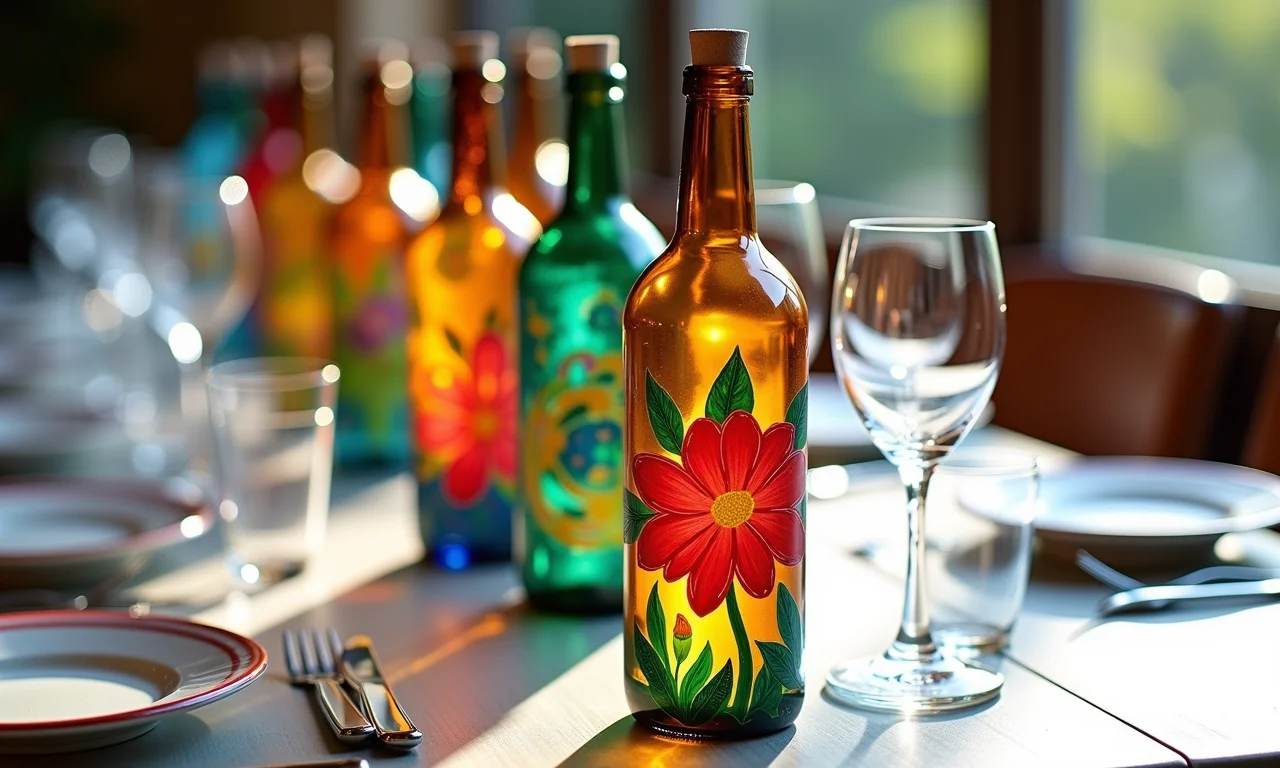 Garrafas com pintura artística como centro de mesa de aniversário.