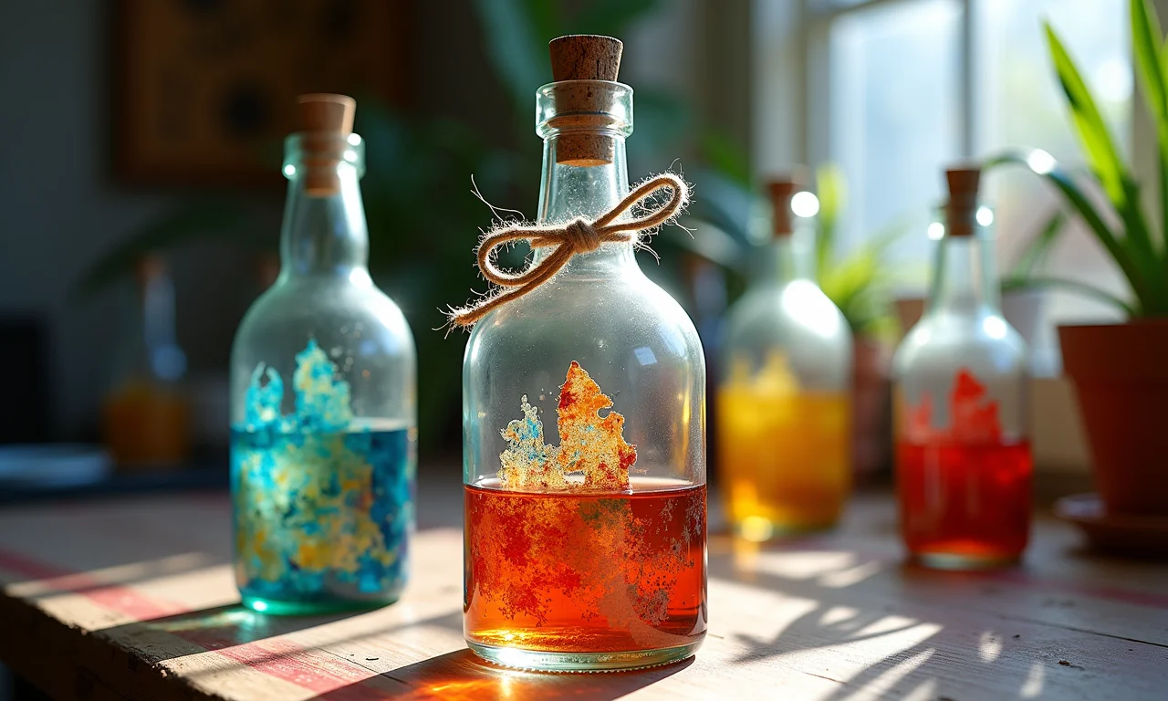 Garrafas com pintura e barbante, arte em dobro.