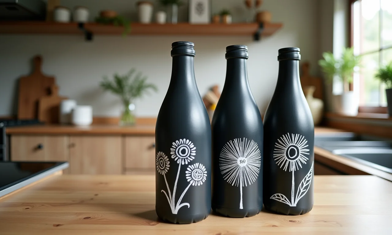 Garrafas com pintura lousa e desenhos em balcão de cozinha.
