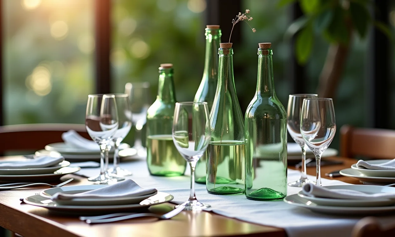 Garrafas como centros de mesa em decoração elegante.