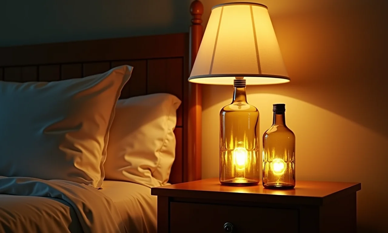 Garrafas como luminárias de mesa, iluminando uma mesa de cabeceira.