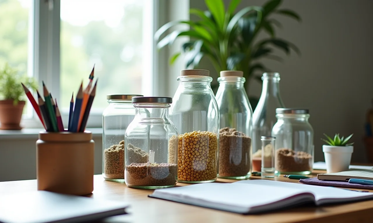 Garrafas como organizadores de materiais de artesanato.