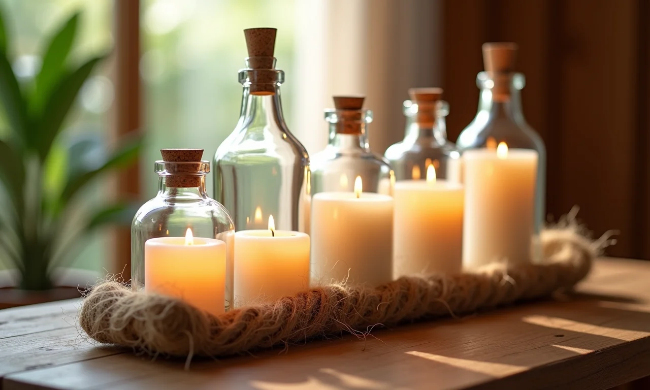 Garrafas como porta-velas com barbante, luz suave.