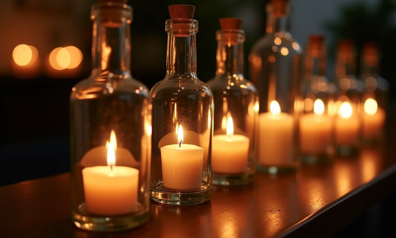 Garrafas como porta-velas em ambiente romântico.