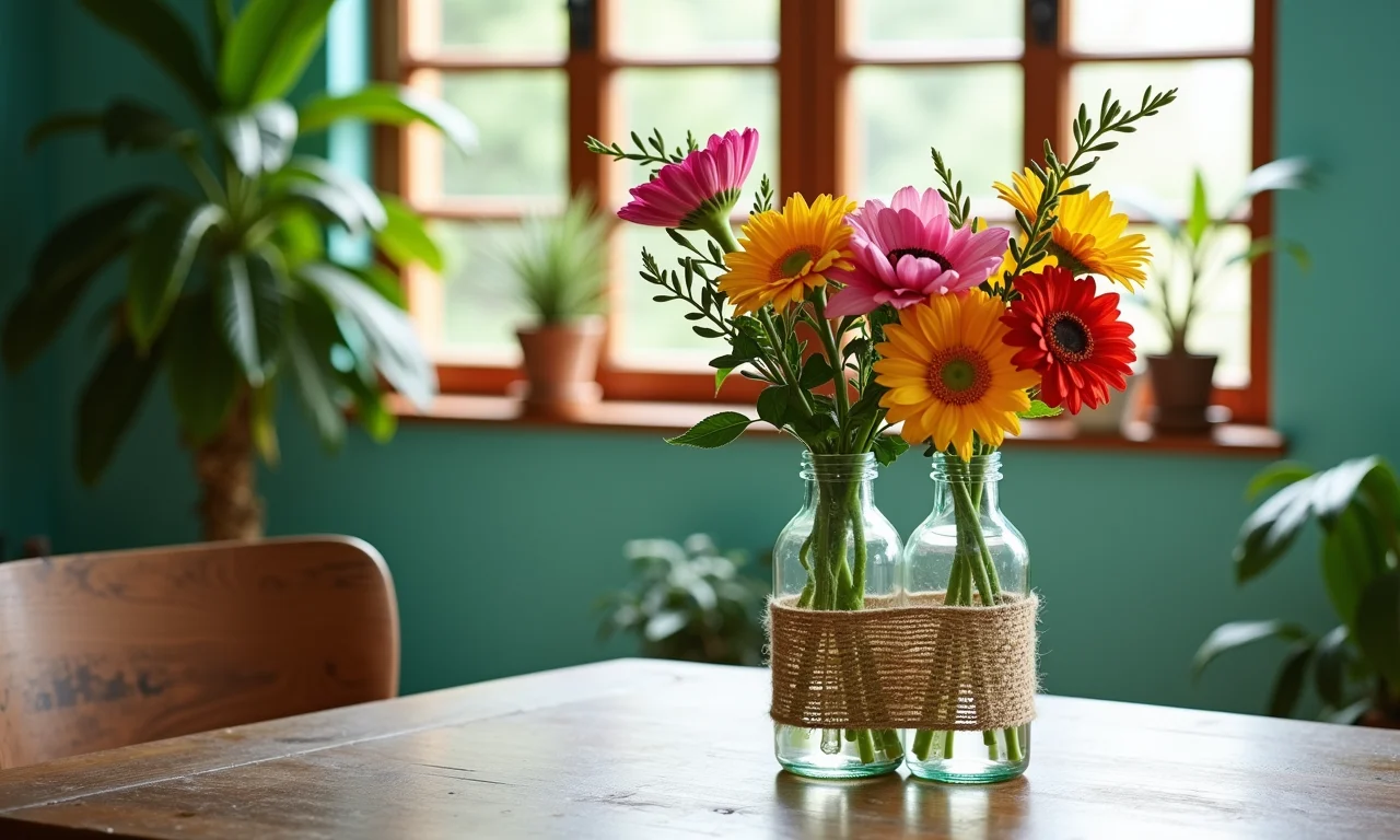 Garrafas como vasos com flores e decoração em barbante.