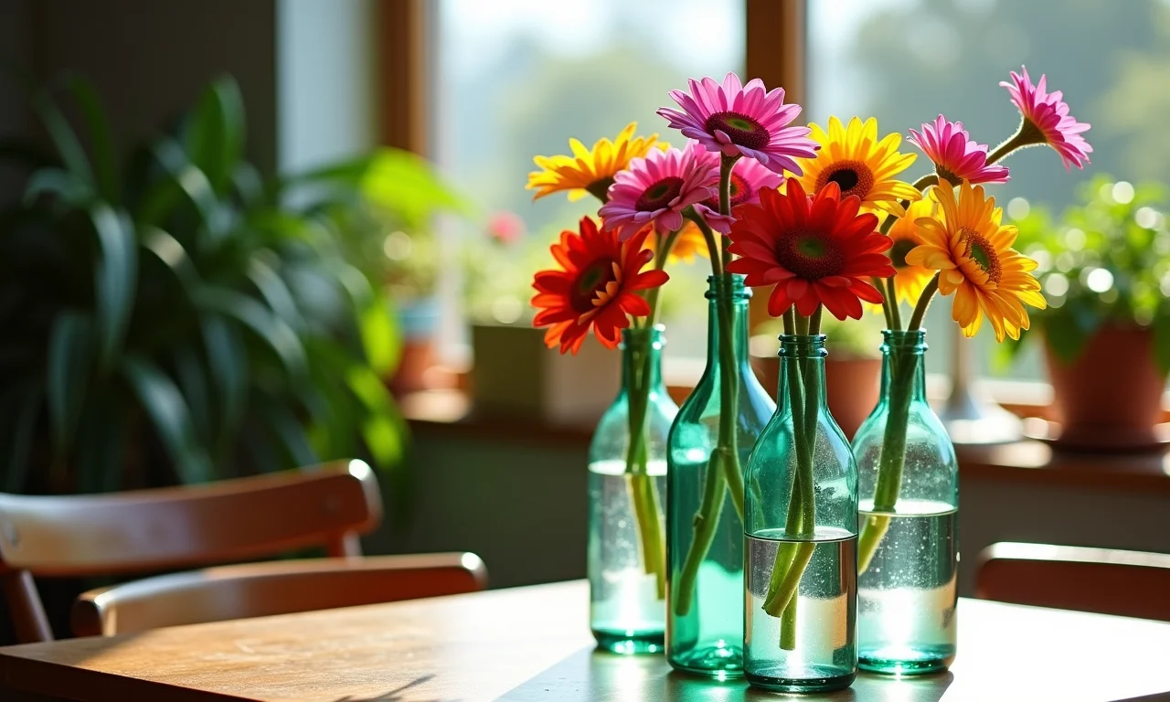 Garrafas como vasos de flores coloridas na mesa de jantar.