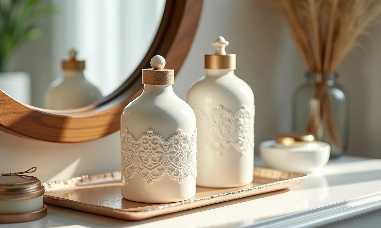 Garrafas customizadas com renda e pérolas em penteadeira.