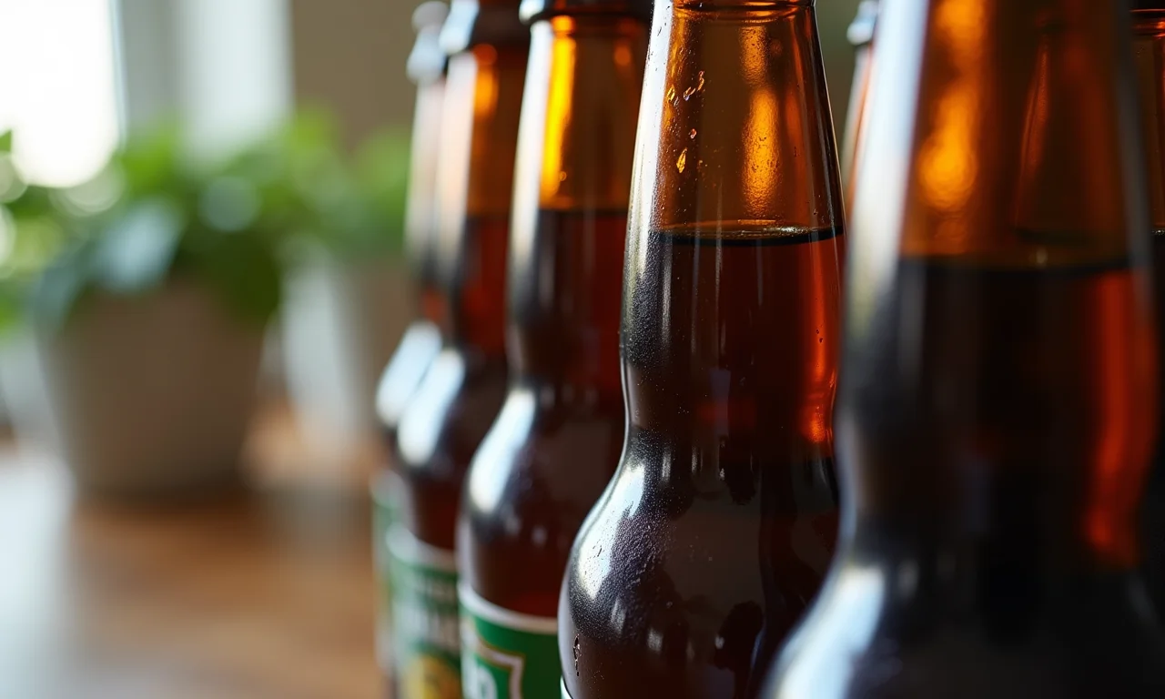 Garrafas de cerveja empilhadas prontas para serem decoradas.