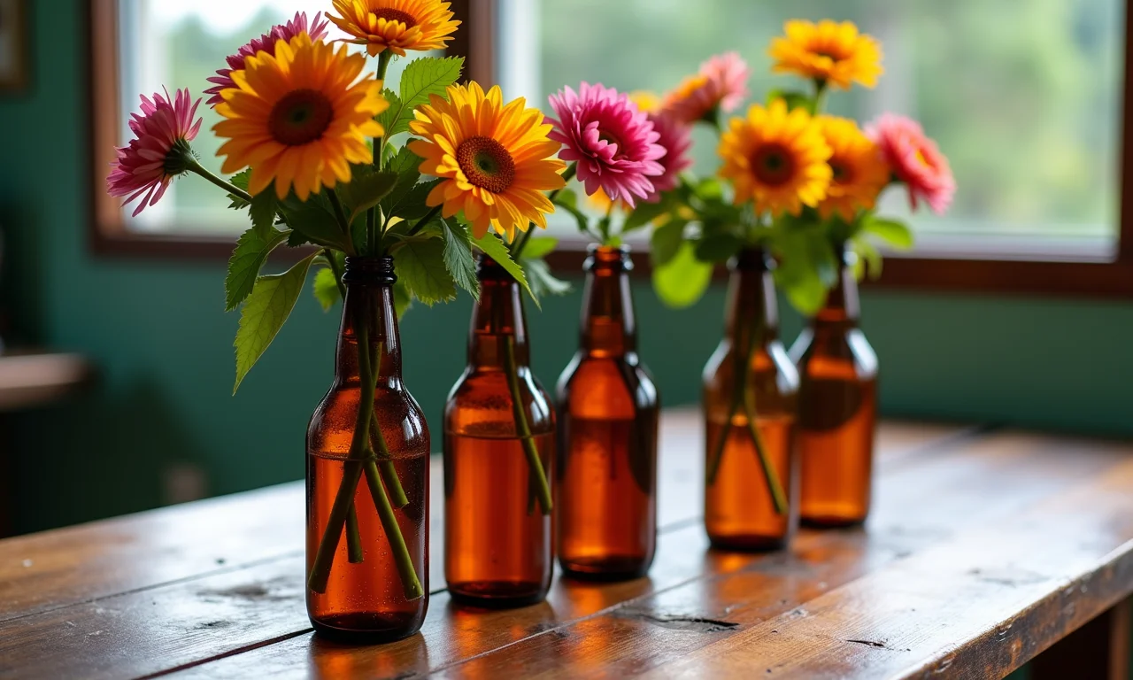 Garrafas de cerveja transformadas em vasos de flores coloridos.