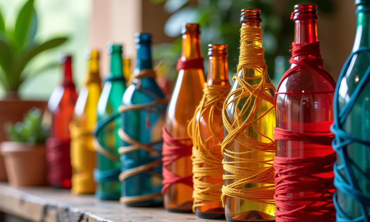 Garrafas de vidro coloridas decoradas com barbante vibrante.