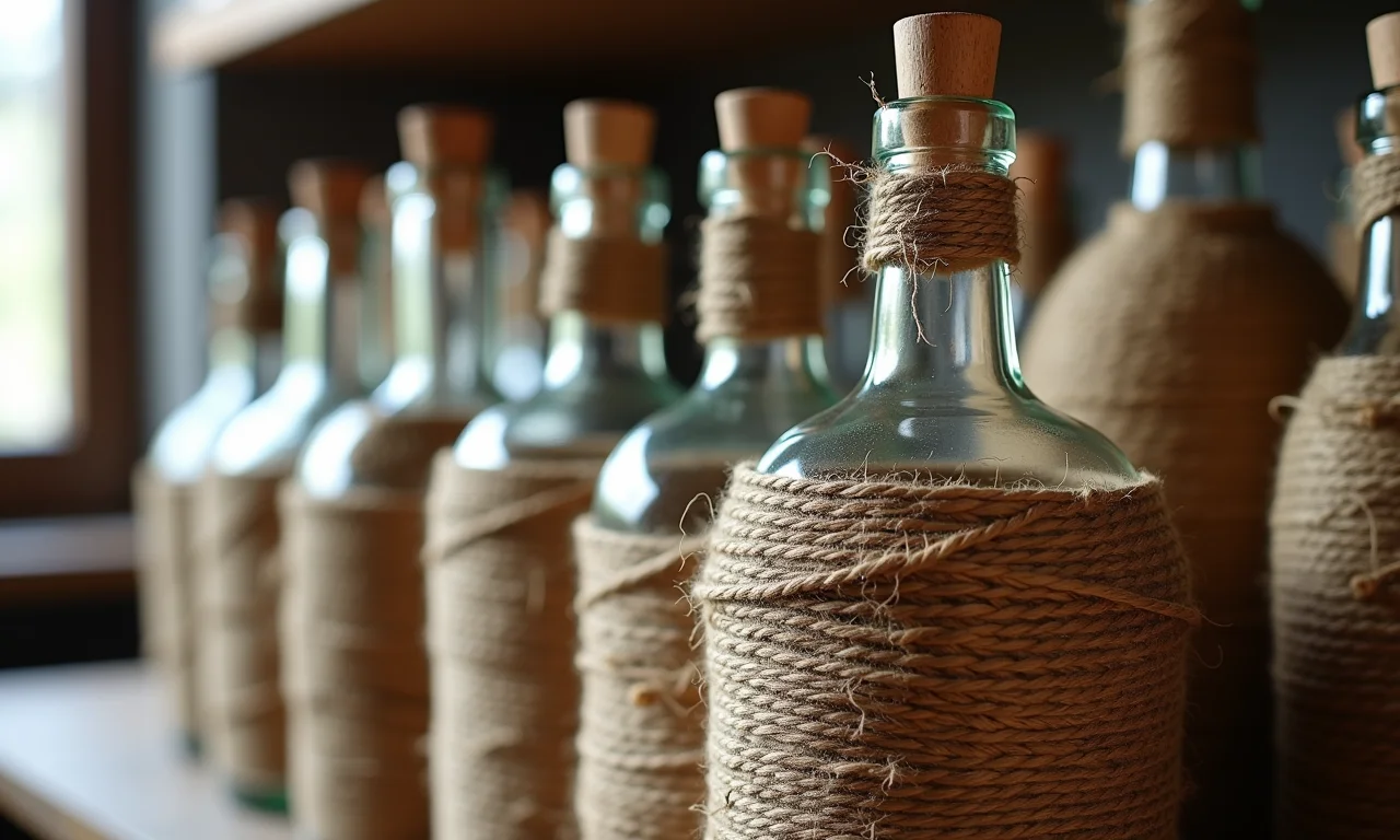 Garrafas de vidro com texturas de barbante, um toque original.