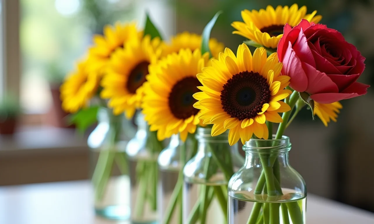 Garrafas de vidro como vasos com flores coloridas.