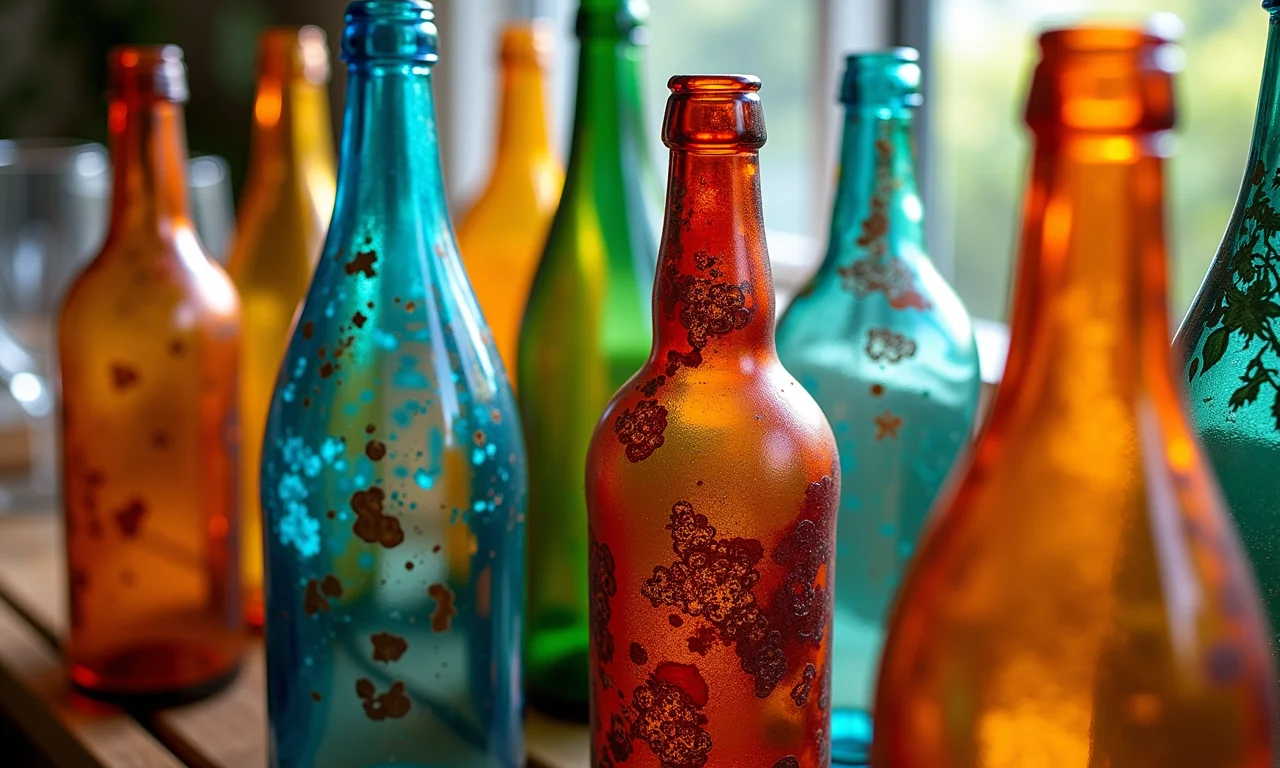 Garrafas de vidro decoradas com designs vibrantes e elegantes.
