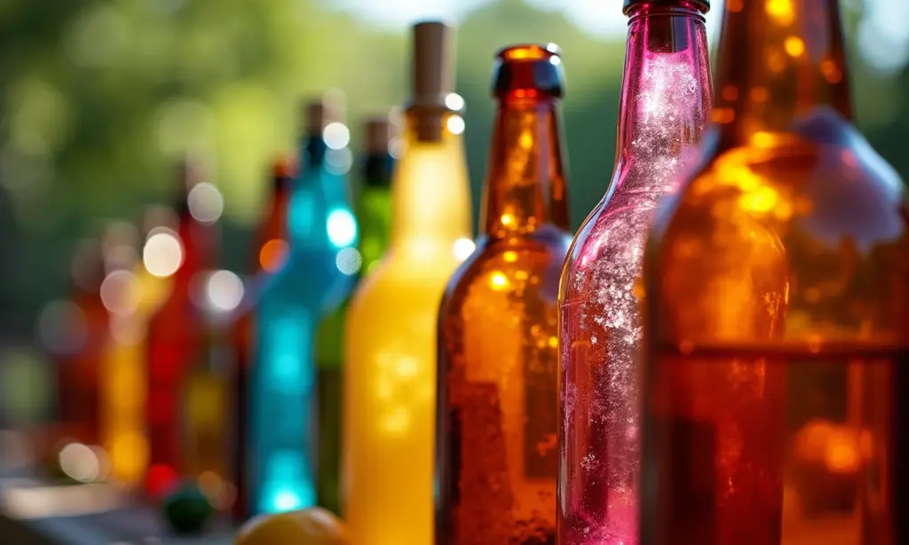 Enfeitar garrafas de vidro: para festas e decor Garrafas de vidro decoradas em mesa de festa vibrante ao estilo brasileiro Farm Rio.