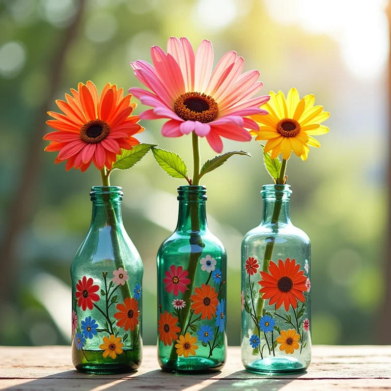 Garrafas de vidro reutilizadas como vasos de flores
