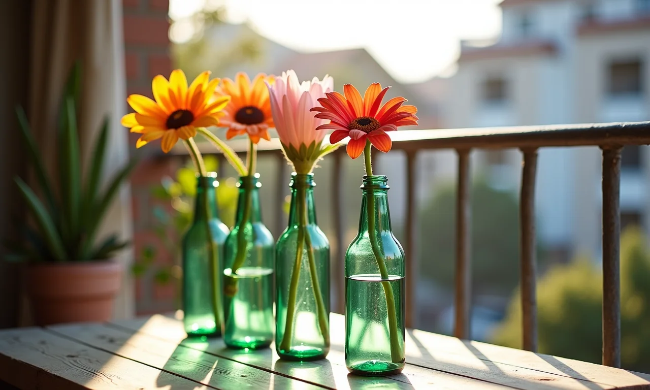 Garrafas de vidro transformadas em vasos de flores criativos em varanda ensolarada.