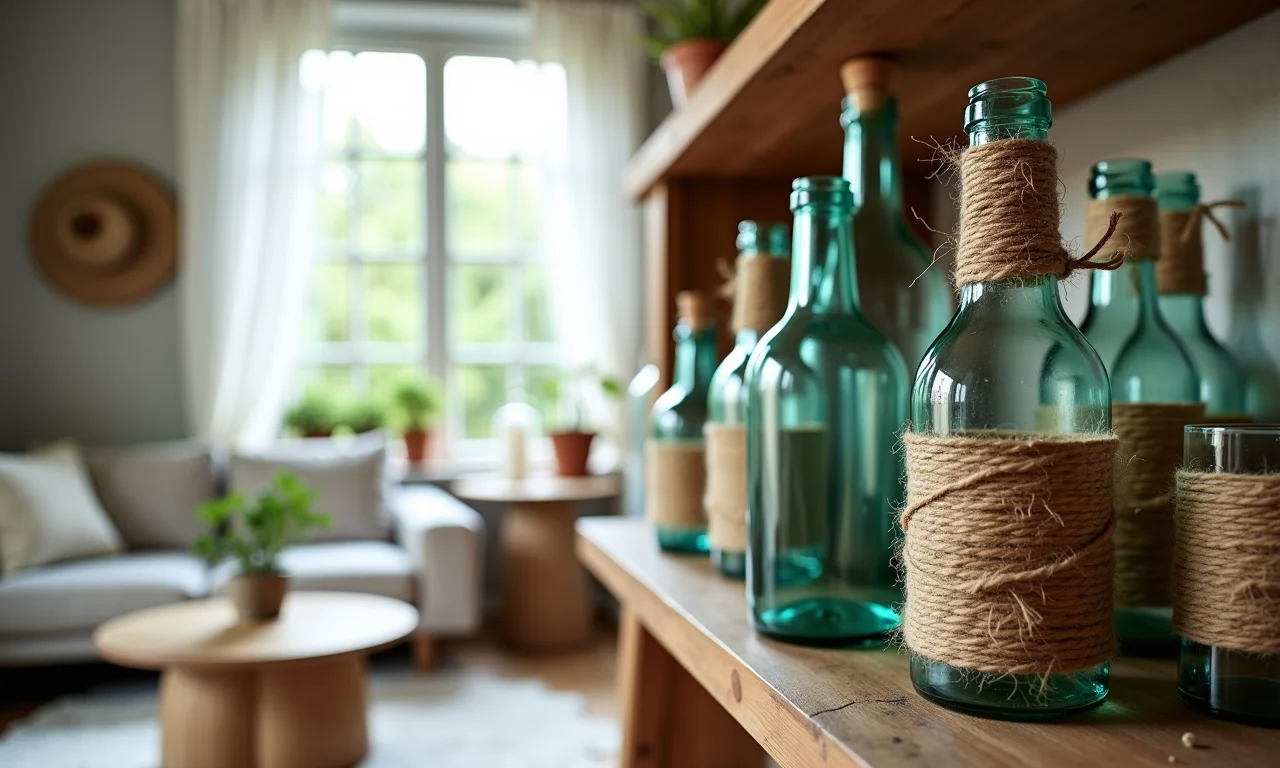 Garrafas decoradas com barbante, dispostas em uma prateleira em uma sala de estar rústico-chique.
