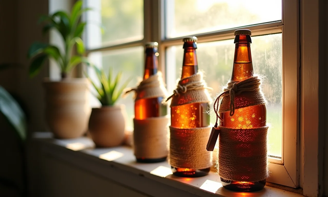 Garrafas decoradas com barbante e corda em janela ensolarada.