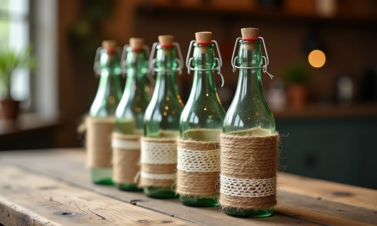 Garrafas decoradas com barbante e renda em mesa de madeira rústica.