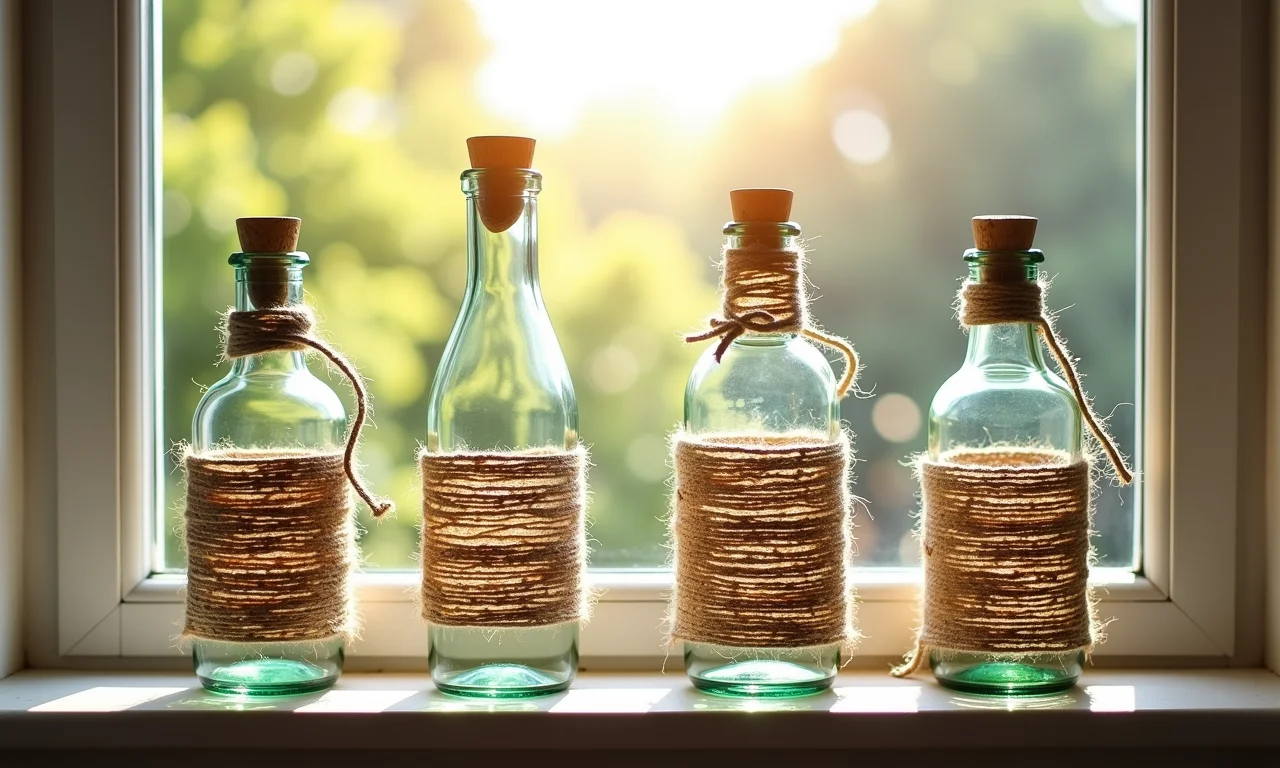 Garrafas decoradas com barbante e sisal na janela.