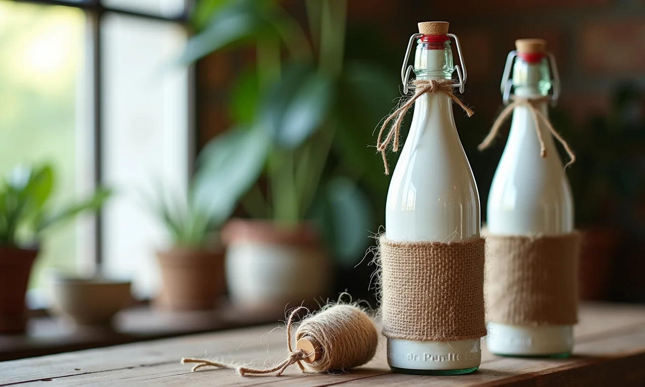 Garrafas decoradas com barbante em estilo rústico.