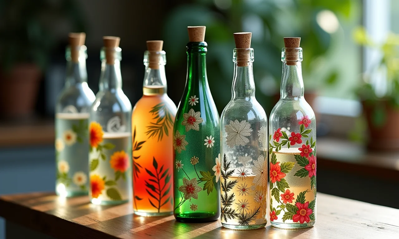 Garrafas decoradas com decoupage, exibindo padrões e designs intrincados.