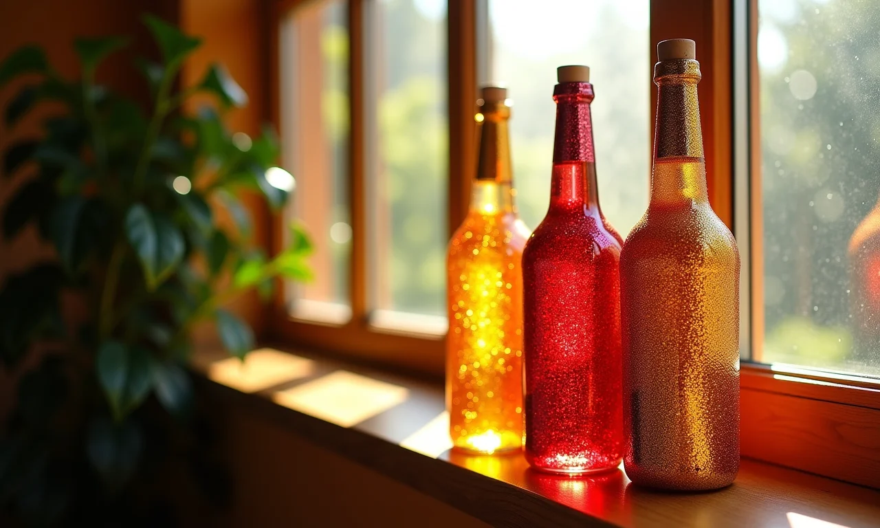 Garrafas decoradas com glitter brilhando ao sol na janela.