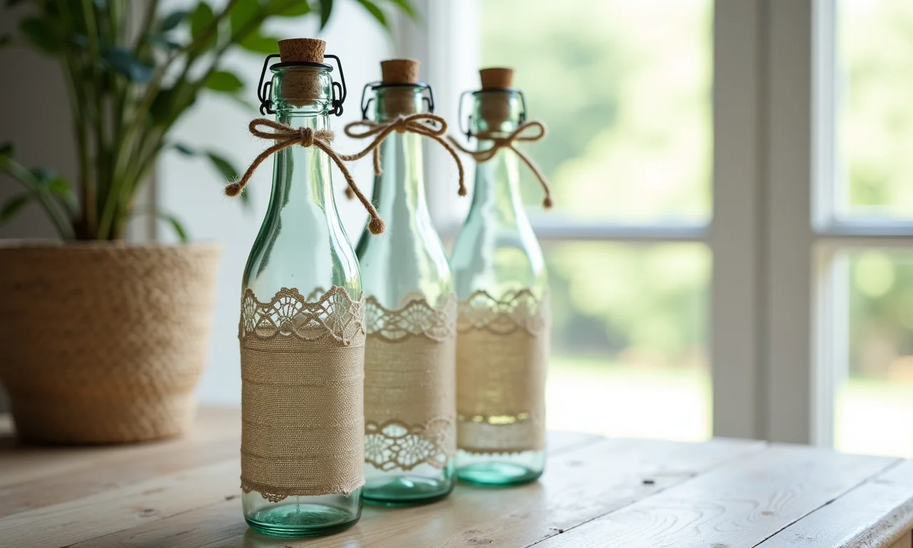 Garrafas decoradas com renda e barbante, estilo romântico.