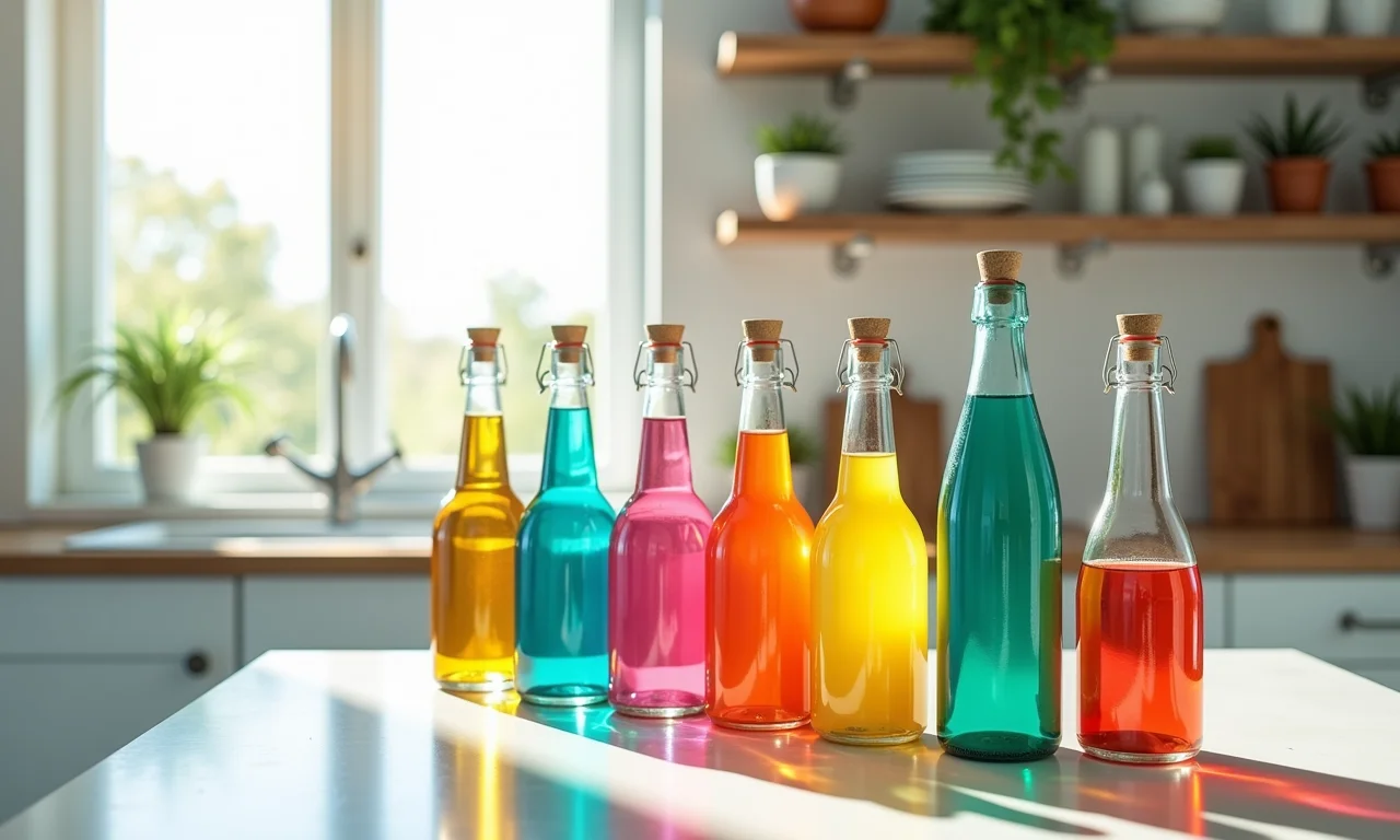 Garrafas decoradas com tinta colorida, exibidas em uma bancada de cozinha clara e arejada.