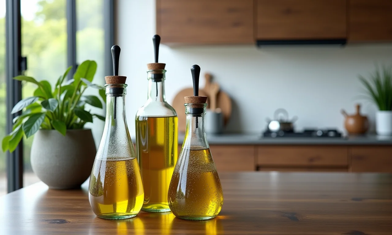Garrafas decoradas como dispensers de óleo em cozinha brasileira estilosa.