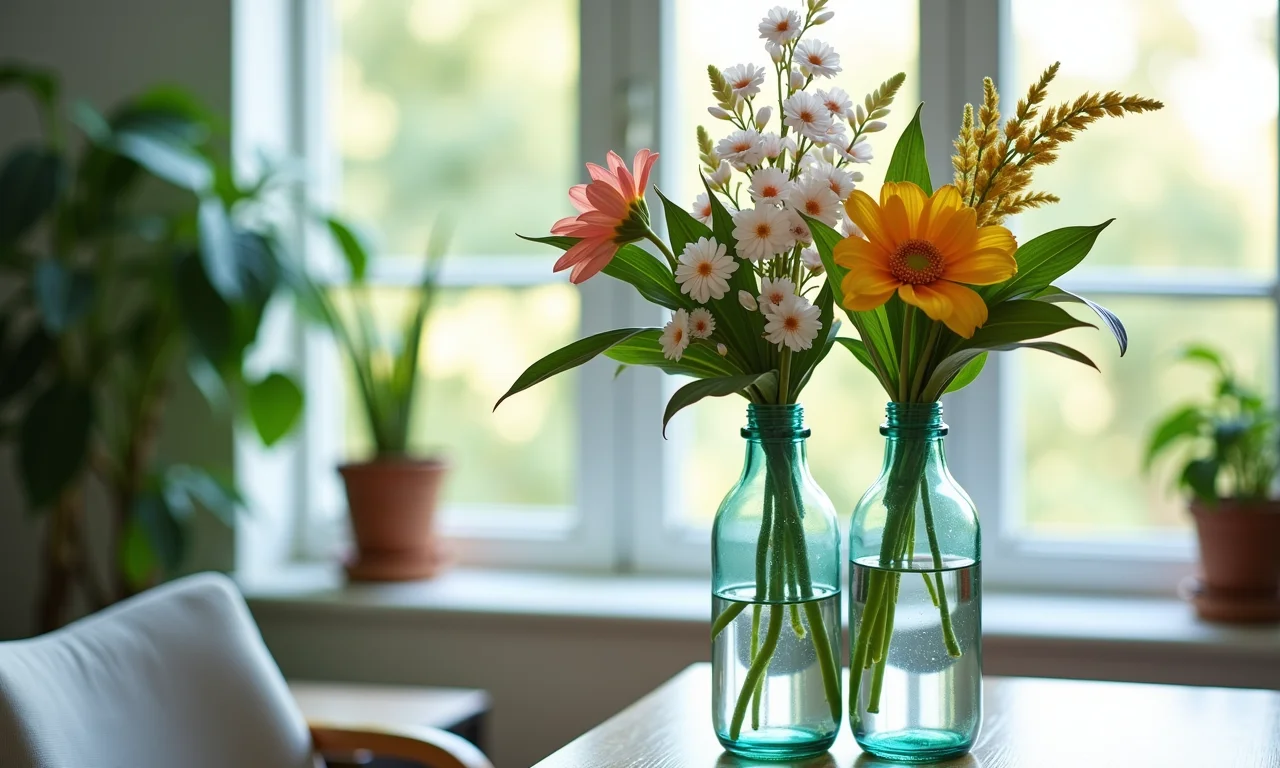 Garrafas enfeitadas com flores artificiais e folhagens em casa brasileira.