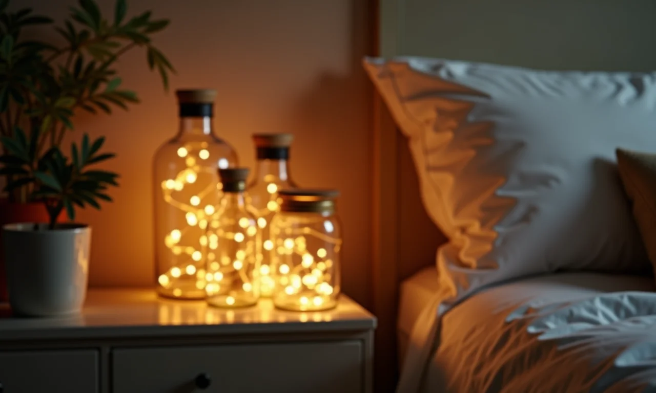 Garrafas iluminadas com luzes de fadas em mesa de cabeceira.