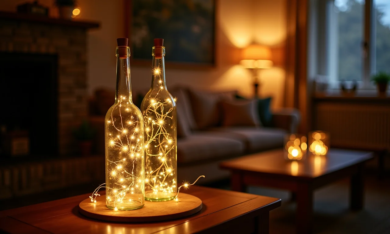 Garrafas luminosas com luzes de fada em sala aconchegante.