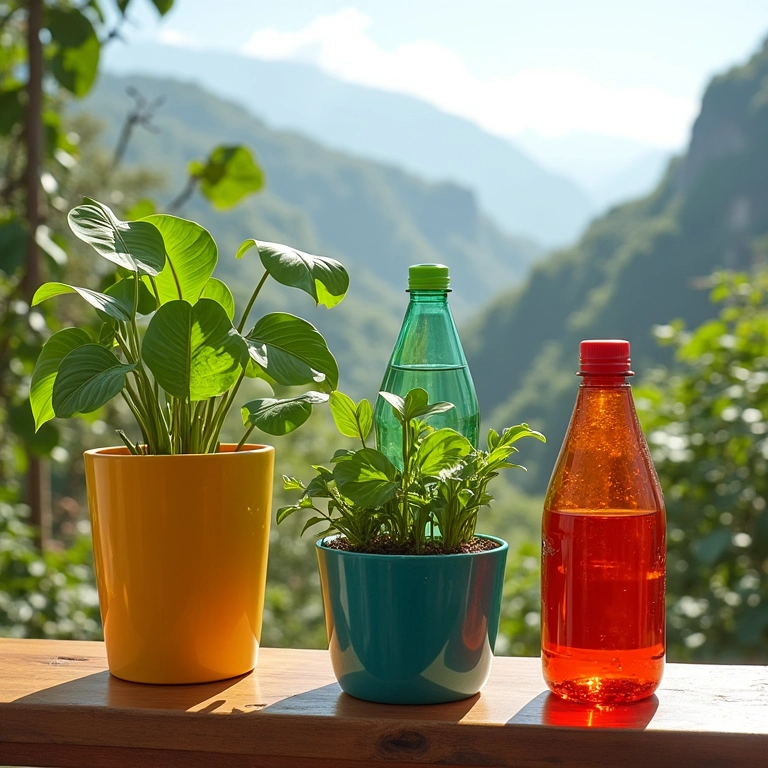 Garrafas PET recicladas como vasos de plantas em varanda ensolarada.