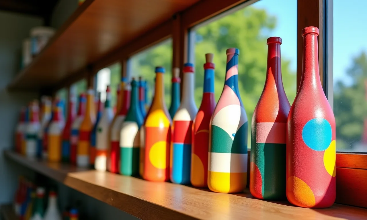 Garrafas pintadas com padrões geométricos coloridos em prateleira.