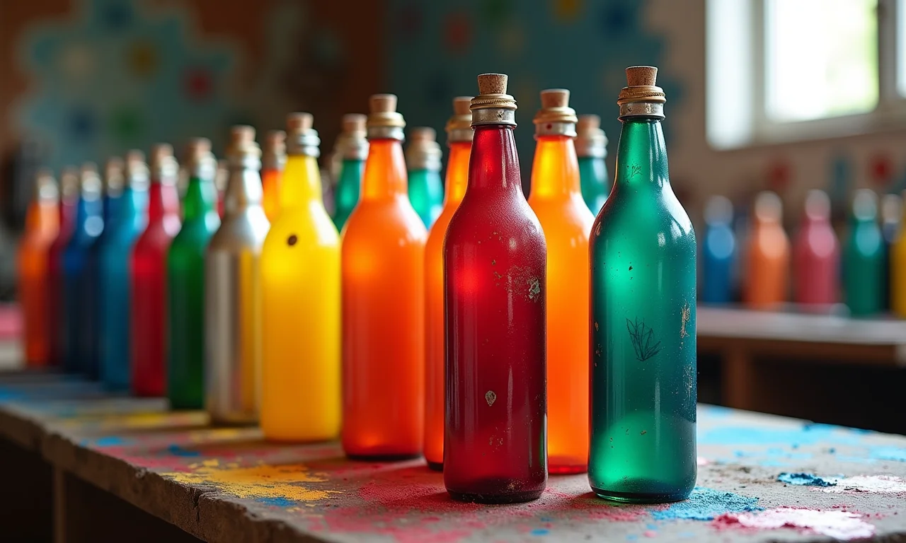 Garrafas pintadas em um ateliê colorido.