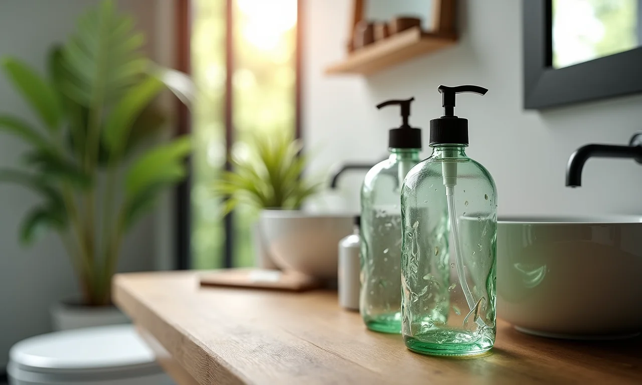 Garrafas transformadas em objetos úteis, como dispensers de sabão, em banheiro brasileiro.