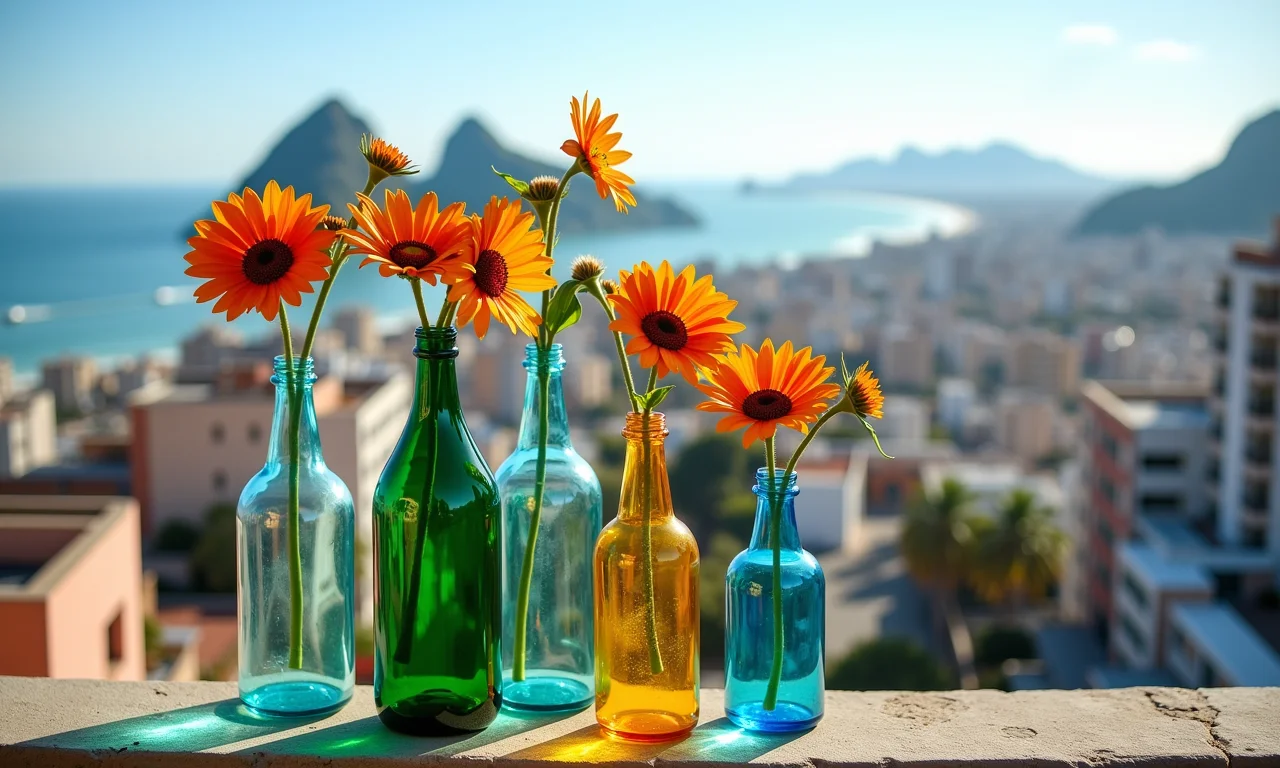 Garrafas transformadas em vasos de flores em varanda com vista.