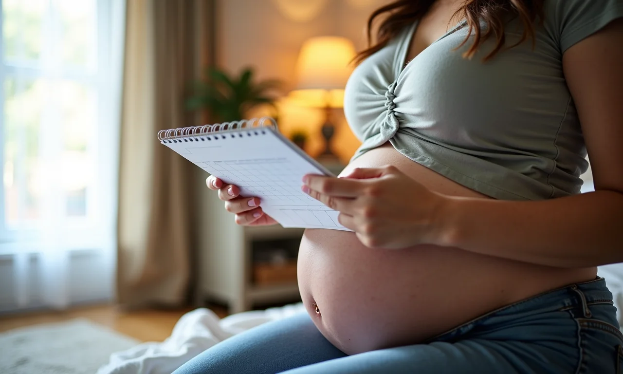 Gestante planejando chá de fraldas com antecedência, calendário.