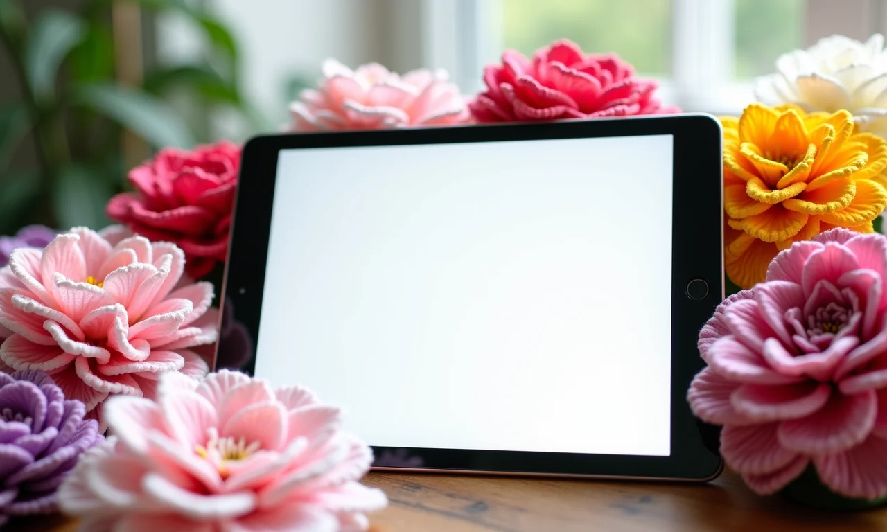 Gráfico de flor de crochê exibido em um tablet.