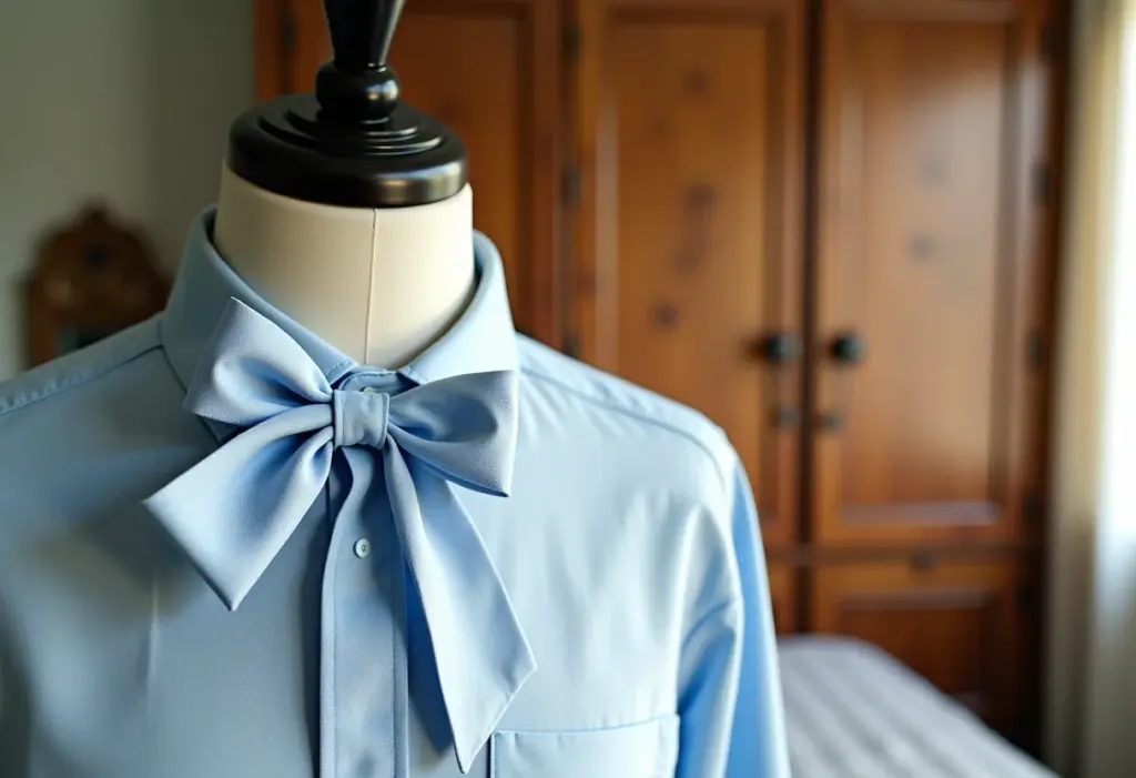 Gravata borboleta de fita azul em camisa de linho