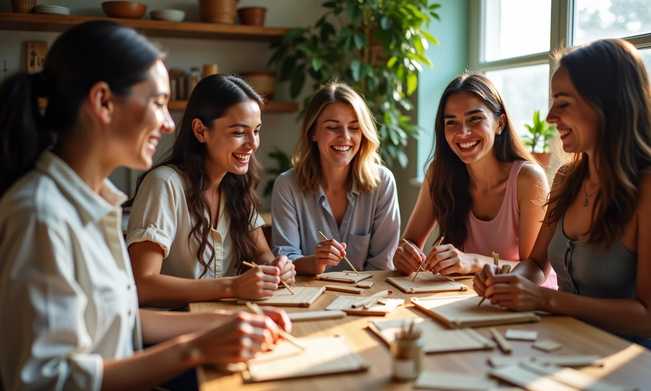 Grupo de mulheres diversas trocando ideias para artesanato com palitos de picolé.