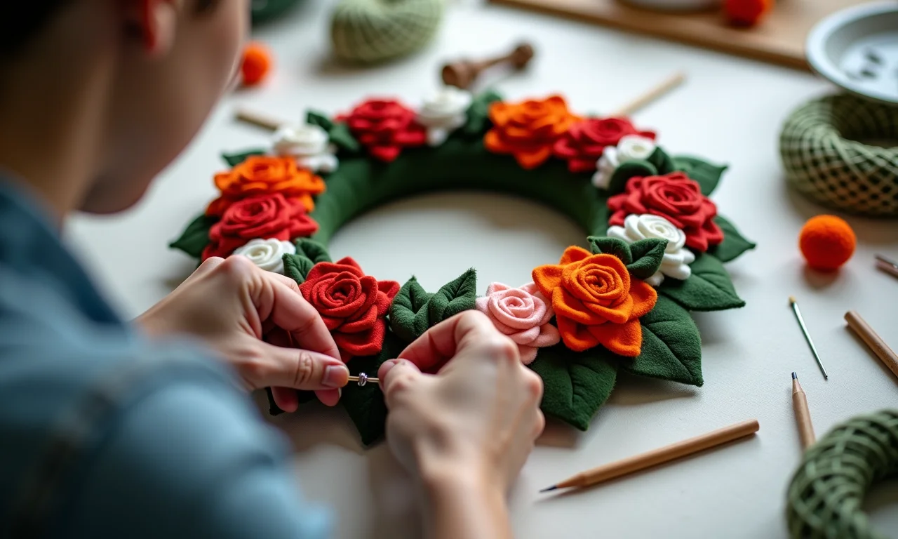 Guirlanda de feltro alinhada: costura uniforme e cuidadosa.