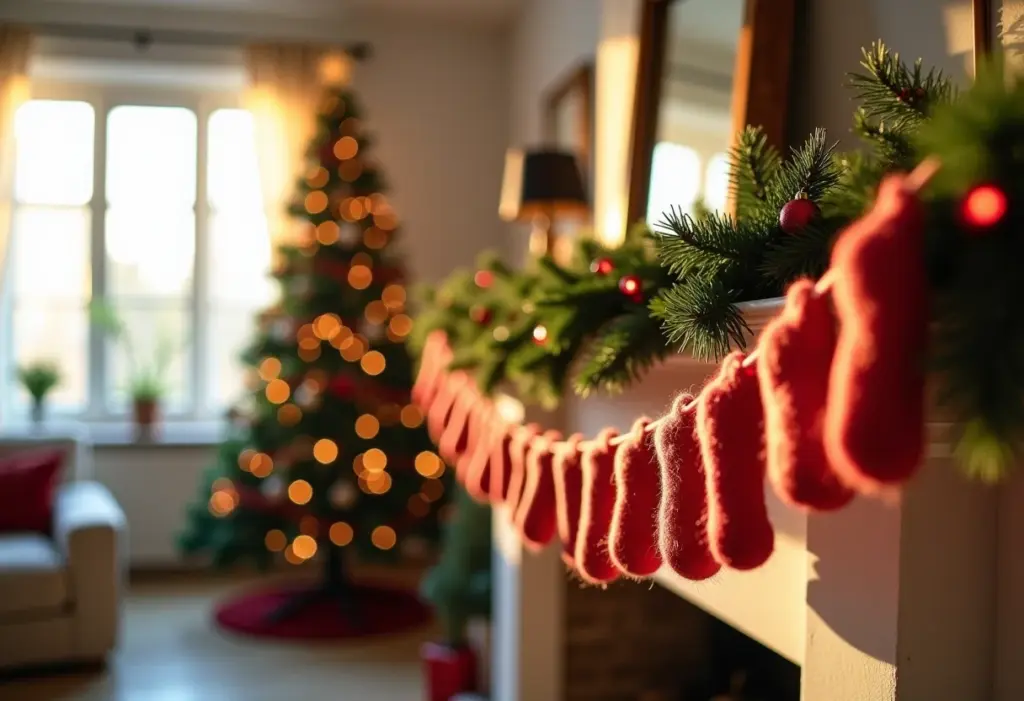 Guirlanda de feltro artesanal decorando sala de estar natalina